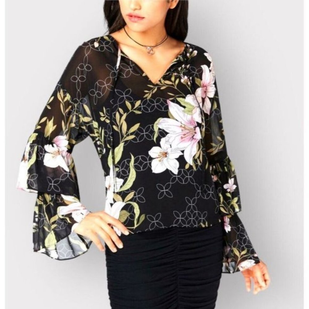 Guess Serasota Lily Print Blouse Black Pink Floral Long Sleeve Womens XS NWT